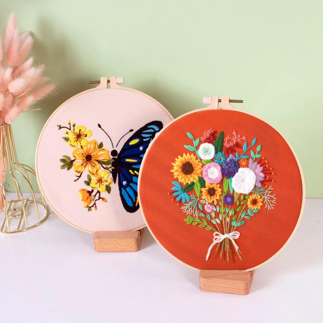 Embroidery Kit for Adults Beginners, 4 Pack Cross Stitch Kits Include Cloth with Floral and Butterfly Patterns, 4 Embroidery Hoops, Color Threads and Instructions for Sewing Beginners