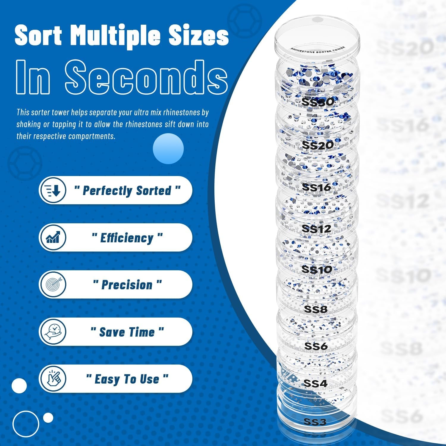 Rhinestone Sorter Tower, Rhinestone Sorter by Size for Crafts, Stackable Rhinestone Sorter Shaker Tower by Size, a Sorting System for Separating Rhinestones by Size from SS3 to SS30
