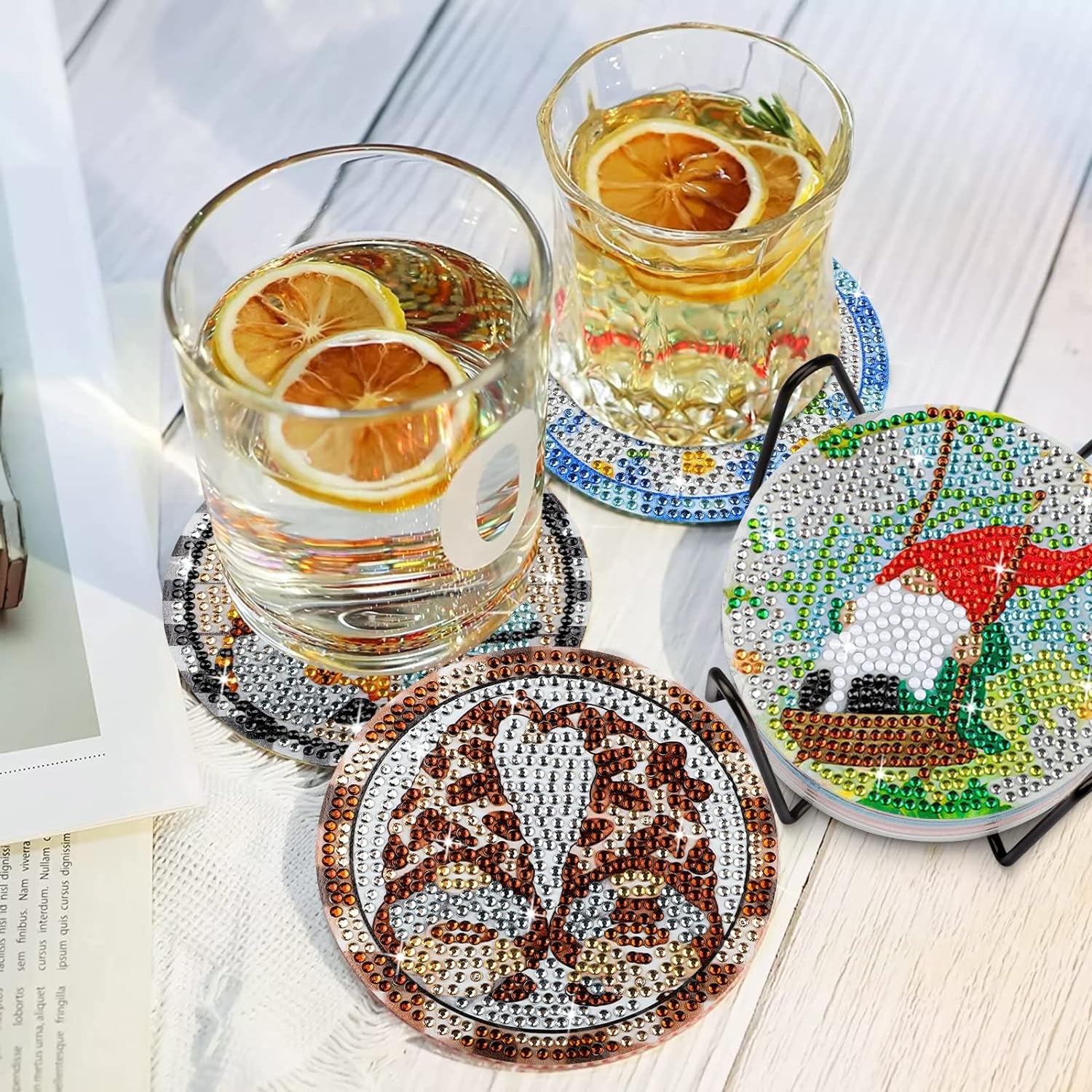 8 Pcs Diamond Art Painting Coasters with Holder, DIY Coasters Gnomes Diamond Art Painting Coaster Kits for Beginners Adults Cartoon Diamond Art Coasters Drinks Coaster Craft Supplies 4 Inch