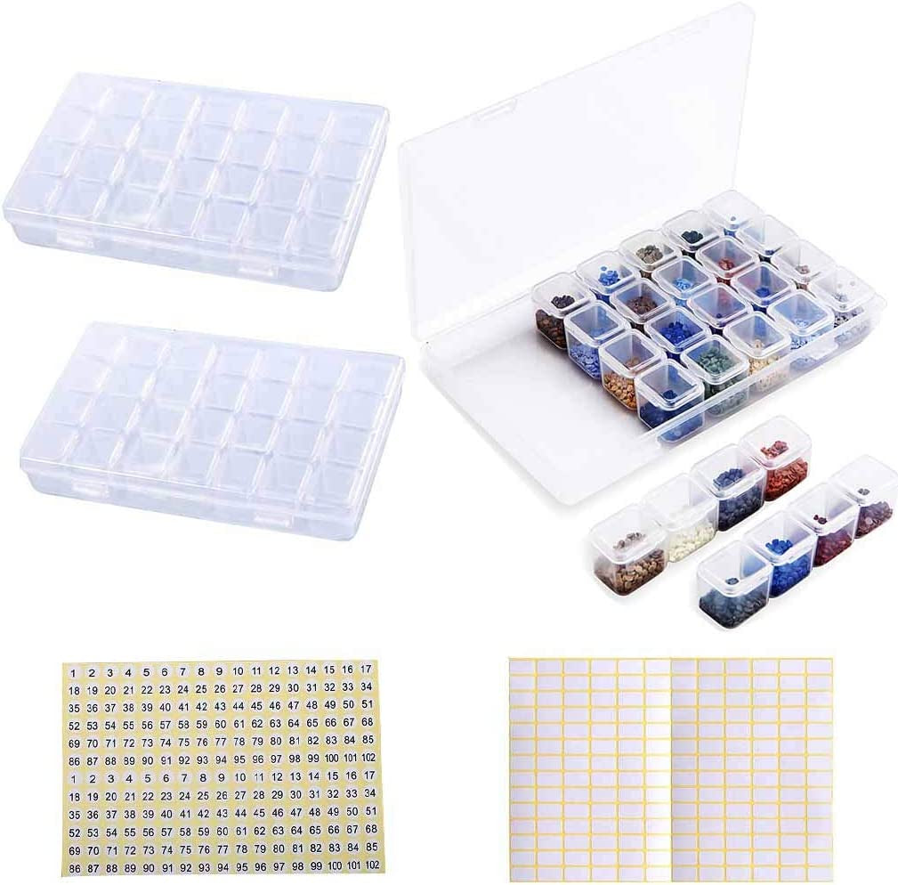 Diamond Painting Storage Containers, 2Pcs 28 Grids Clear Diamond Painting Accessories and Tools Boxes Bead Organizers Diamond Art Embroidery Storage with 200PCS Label Stickers