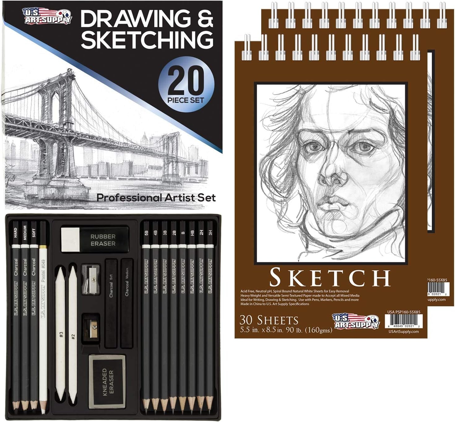 20 Piece Professional Hi-Quality Artist Sketch Set in Hard Storage Case - Sketch &amp; Charcoal Pencils, Pastel, Stumps, Eraser, Sharpeners