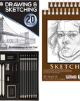 20 Piece Professional Hi-Quality Artist Sketch Set in Hard Storage Case - Sketch & Charcoal Pencils, Pastel, Stumps, Eraser, Sharpeners