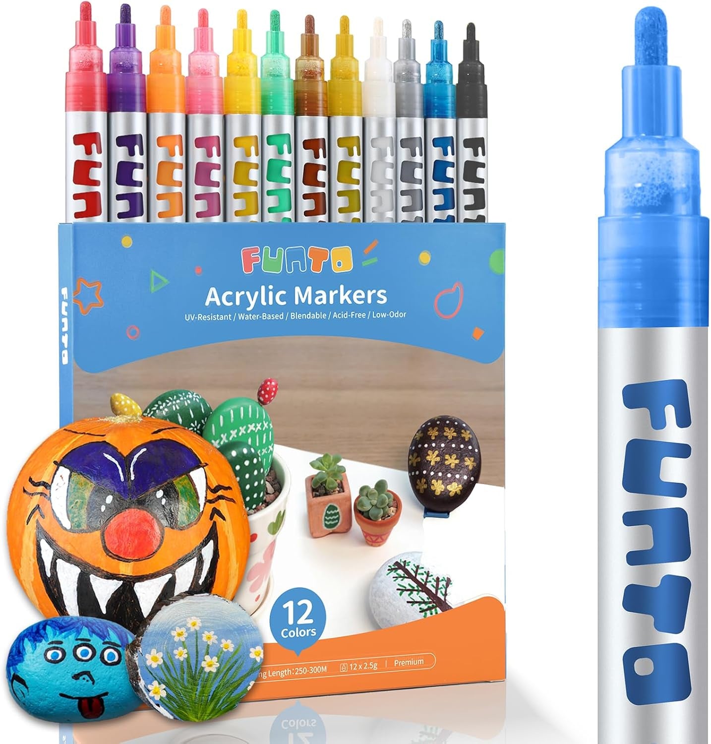 Acrylic Paint Pens for Rock Painting, Fabric, Wood, Canvas, Metal, Ceramic, Glass, 12 Colors Paint Marker Set, Non-Toxic, Quick Drying