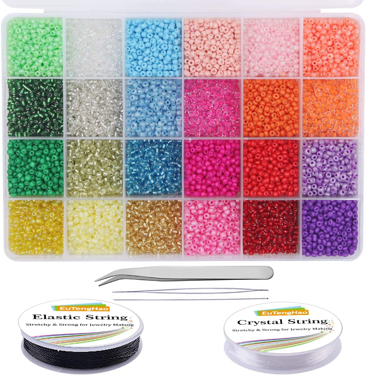 13200Pcs Glass Seed Beads Small Craft Beads Small Beads for DIY Bracelet Necklaces Crafting Jewelry Making Supplies with Two 0.6Mm Clear Bracelet String (3Mm, 550 per Color, 24 Colors)
