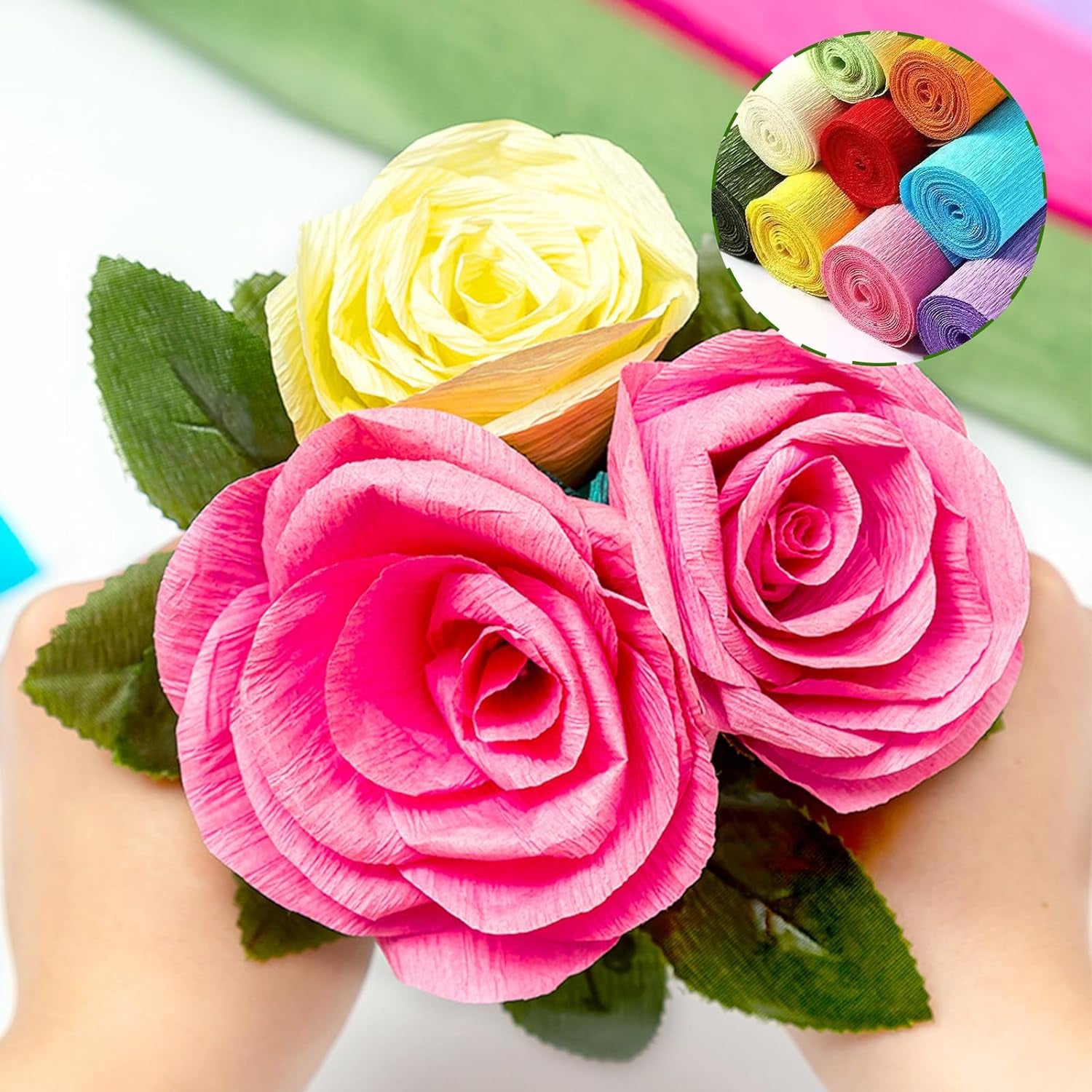 65Pcs Crepe Paper Flower DIY Kits, 14 Rolls Rainbow Colors Crepe Paper Rolls 8Ft Long 10 Inch Wide, 50 Pcs Green Floral Iron Wire and 1 Roll Green Tape for Birthday Party Wedding Festival Ornament