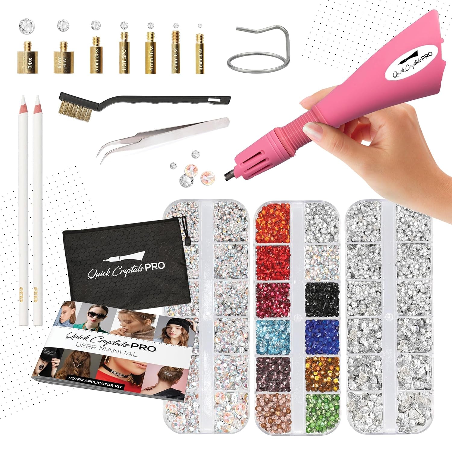 Hotfix Applicator, , Bedazzler Kit with Rhinestones, DIY Wand Setter Tool Kit with 7 Different Tip Sizes, Tweezers, Cleaning Brush, User Manual, and 4400 Rhinestones - Black