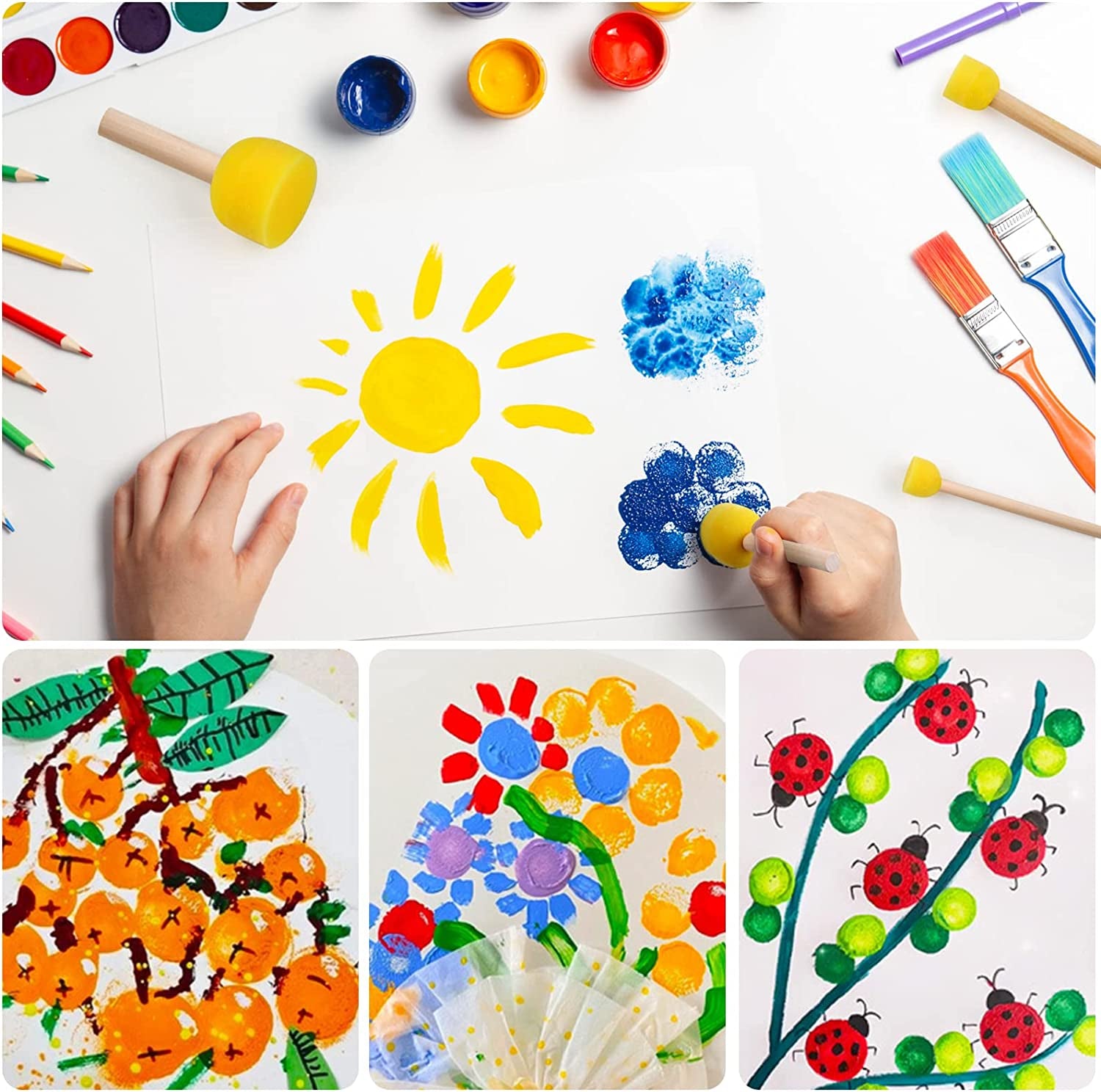 90 Pcs round Sponges Brush Set, round Sponge Brushes for Painting, Paint Sponges for Acrylic Painting, Painting Tools for Kids Arts and Crafts (4 Sizes)