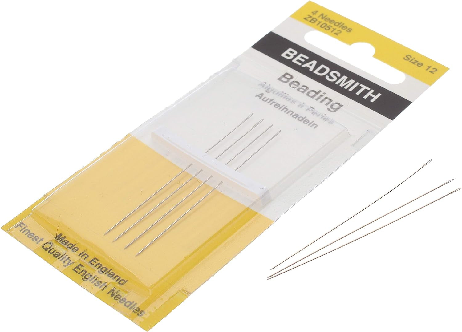 English Beading Needles, Size 12, 4 Needles per Card, Made in England, Use for Loom Weaving Beadwork, Off-Loom Stitching and Jewelry Making with Seed Beads