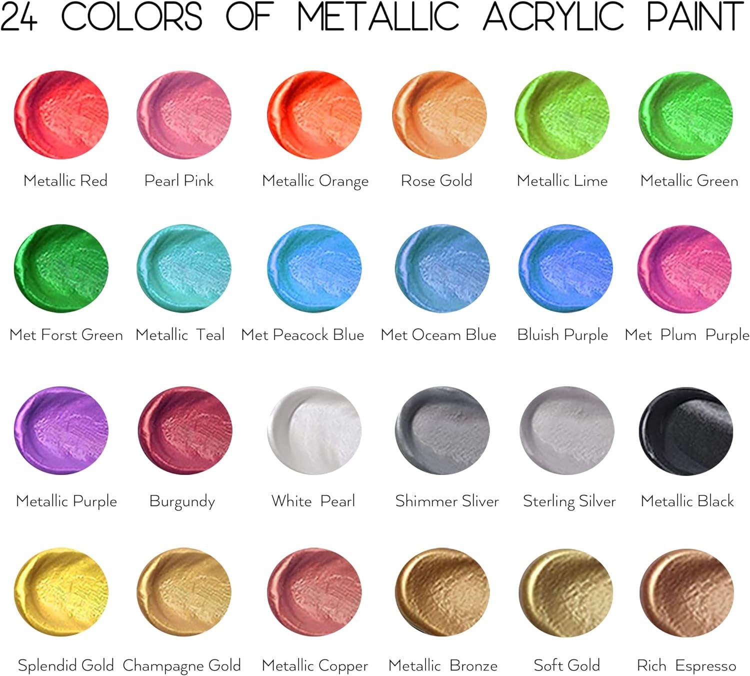 Metallic Acrylic Paint Set of Premium 24 Colors with 12 Brushes，Professional Grade Metallic Paints with Bottles (2Fl Oz 60Ml), Rich Pigments of Non Fading and Toxic Paints for Artist Hobby Painters
