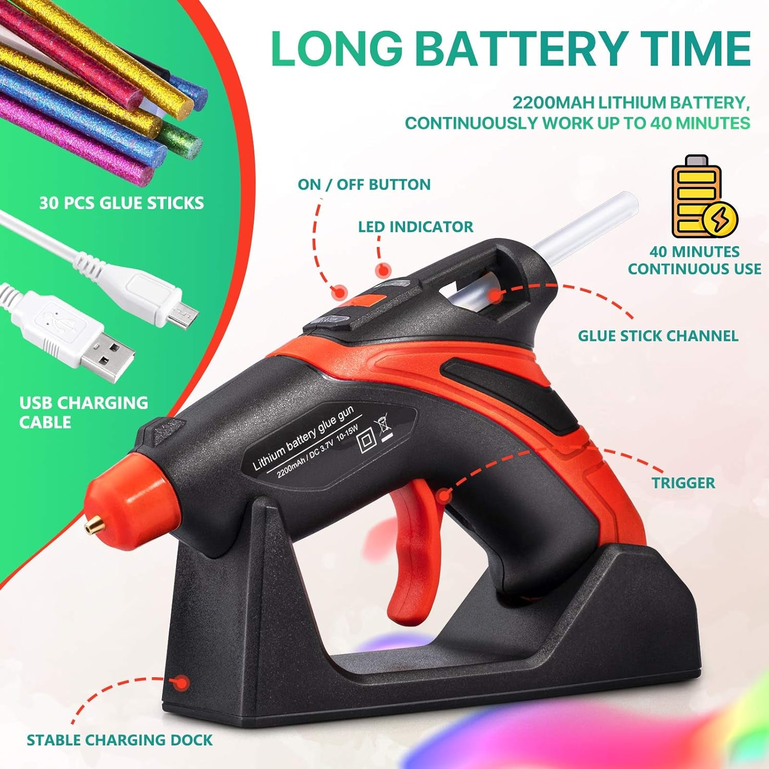 Cordless Hot Glue Gun,Fast Preheating Gun Kit with 30 Pcs Sticks,Usb Rechargeable Melt Tools for Quick Home Repairs, Arts, Crafts, DIY and Festival Decorations