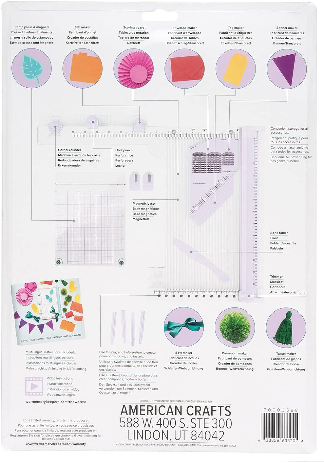 , All in One Scrapbooking Tool, Lilac, Includes Trimmer, Scoring, Bone Folder, Banner Maker, Tag Maker, Enveloper Maker, Scoring Board, Tab Maker, Corner Rounder, Hole Punch