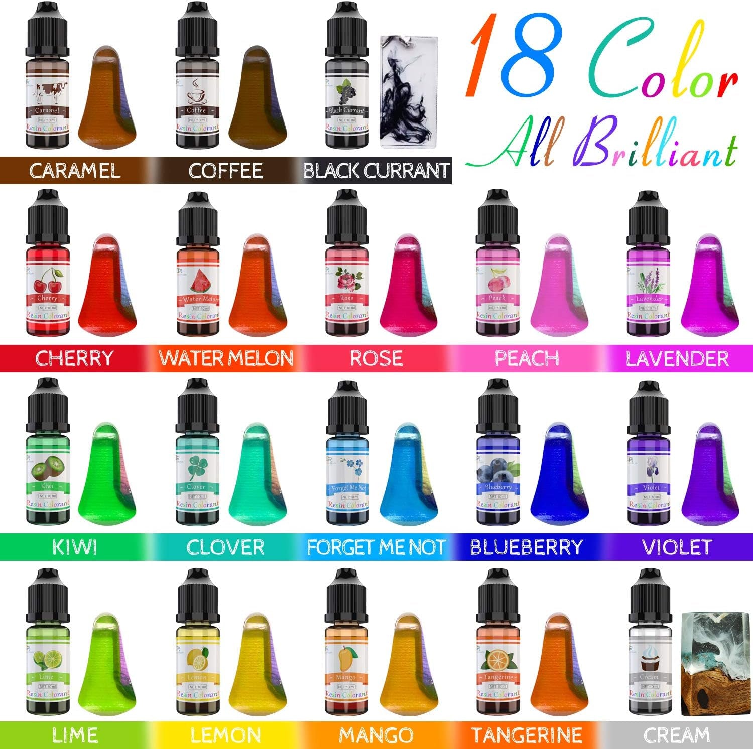 Epoxy Resin Pigment - 18 Color Liquid Epoxy UV Resin Dye Transparent Colorant for UV Resin Coloring, DIY Resin Art Jewelry Making - Concentrated UV Resin Colorant for Paint, Crafts - 0.35 Oz/10Ml Each