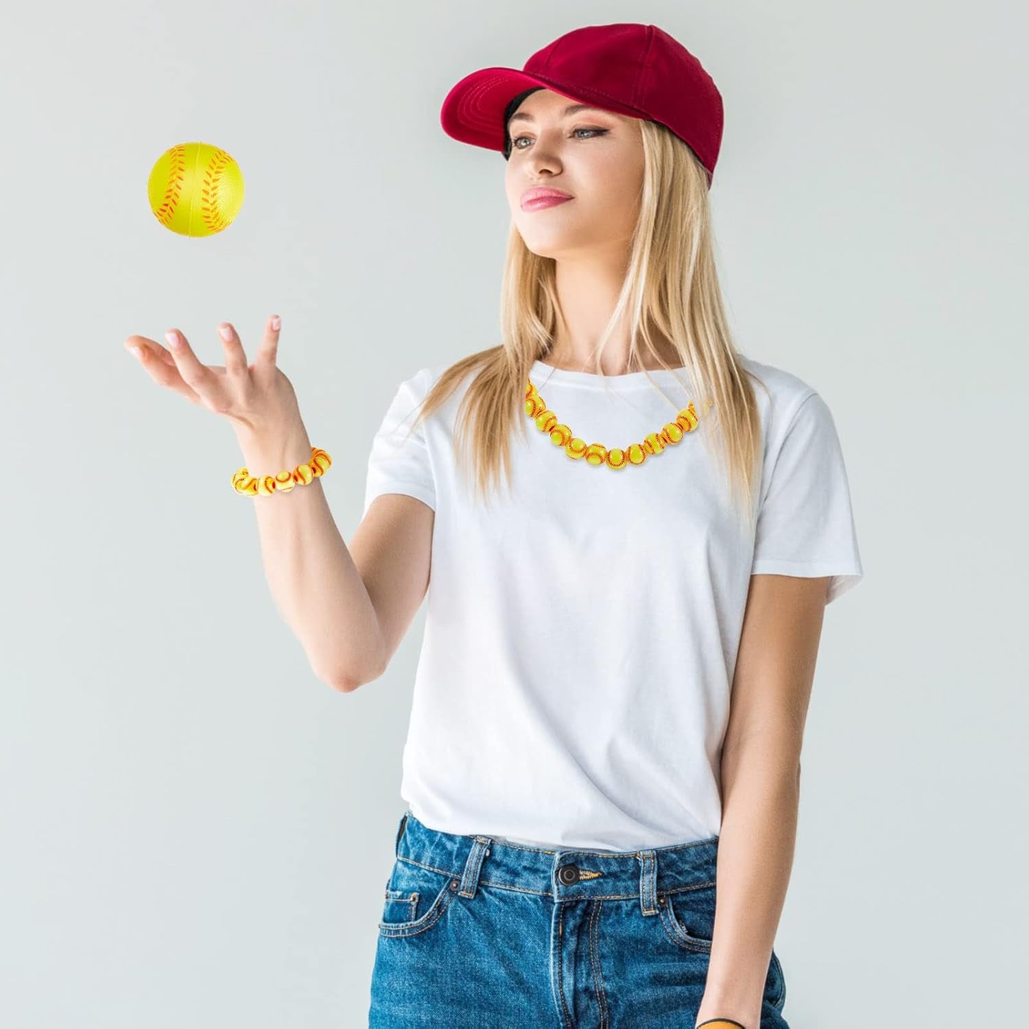 200 Pcs Baseball Beads with 1 Roll of Elastic Rope 10.5 Mm Acrylic Beads for Jewelry Making Softball Beads Sports Beads for Baseball Craft Supplies Acrylic Beads for DIY Making (Softball Style)