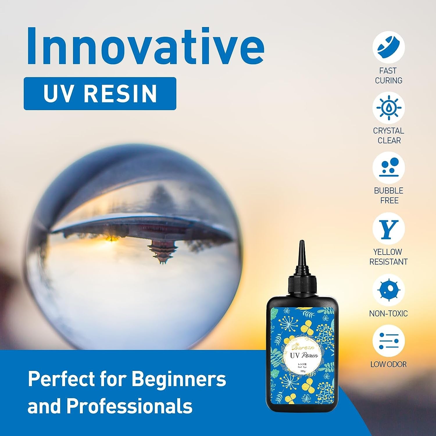 UV Resin Hard, Crystal Clear UV Cure Epoxy Resin Kit Premixed Resina UV Transparent Solar Activated Glue for Jewelry Making Fast Curing 100G with Wooden Stick