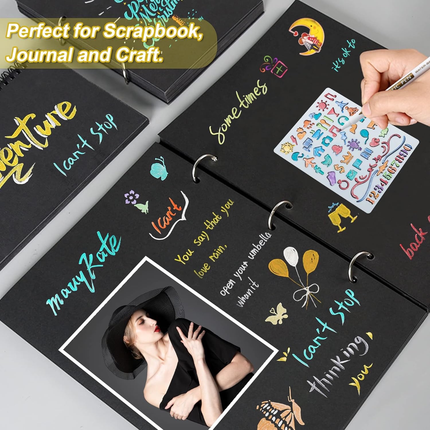 18 Pack Metallic Marker Pens,  16 Colors Fine Tip Paint Pens with 2 Stencils for DIY Craft Photo Album Rock Art Painting Card Making Glass Wood