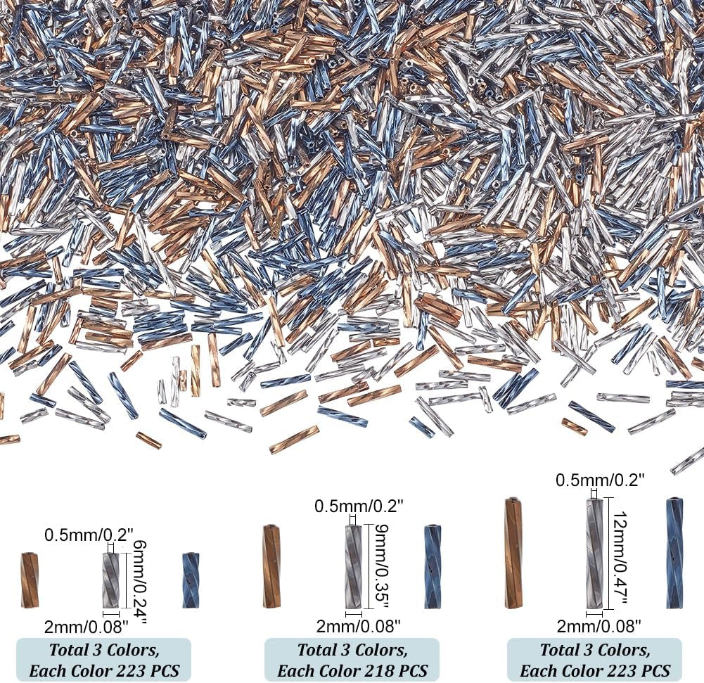 2000Pcs Twisted Bugle Beads, 3 Colors Metallic Bugle Beads 6/9/12Mm Glass Long Tube Seed Bead Craft Beads Loose Spacer Beads for Fringe Earrings Bracelets Necklaces Jewelry Crafts Making