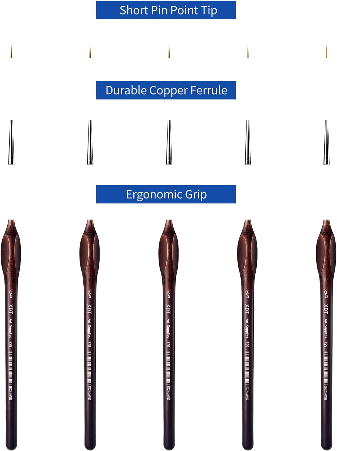 XDT#729 Micro Detail Paint Brush Artist Pin Point Painting Brushes 5 Piece #00000 Set，Acrylic Watercolor Oil, Fine Detailing Painting, Art, Scale Models, Easy Grip Triangular Handles