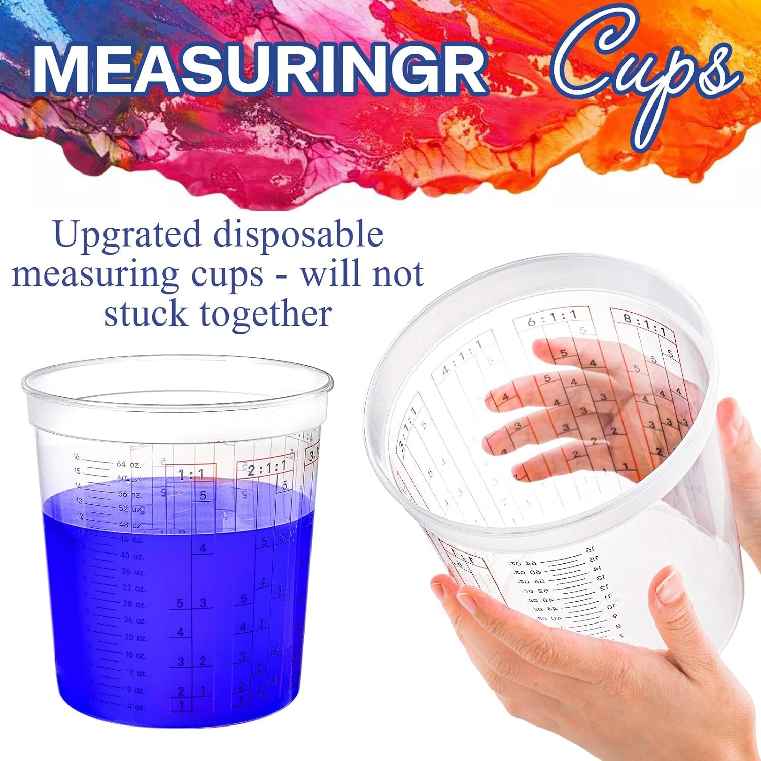 12 Pack Paint Mix Cups with Lids and 50 Sticks - 64 Oz Graduated Paint Mixing Cups Plastic Epoxy Measuring Cups with Calibrated Mixing Ratios on Side of Cup for Activators, Thinner, Resin