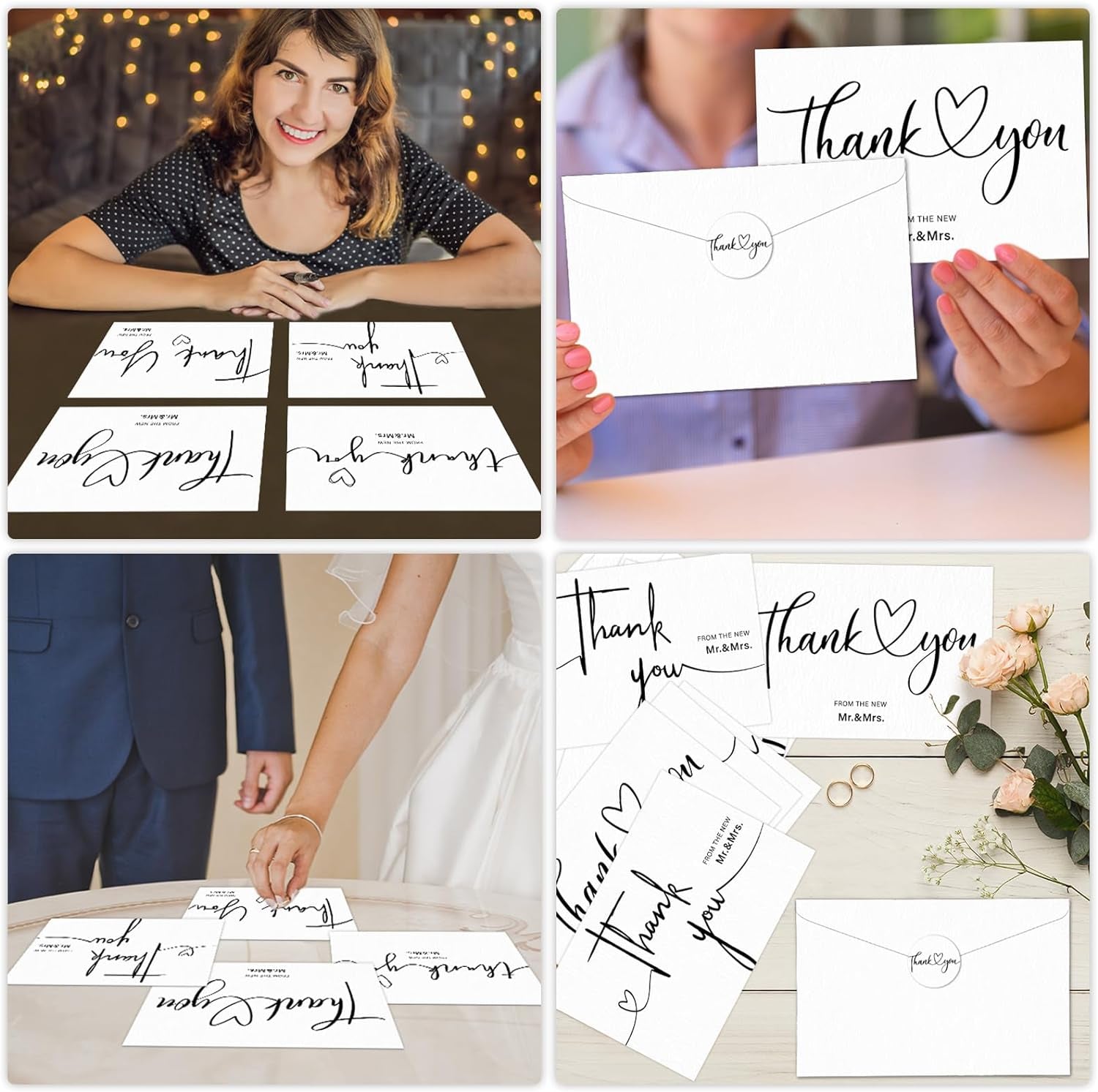 50Sets Wedding Thank You Cards with Envelopes and Stickers 4 Designs Mr and Mrs Thank You Notes Bulk Wedding Gift Cards Thank You Cards for Guests Wedding Party Decor Supplies 6 X 4 Inch