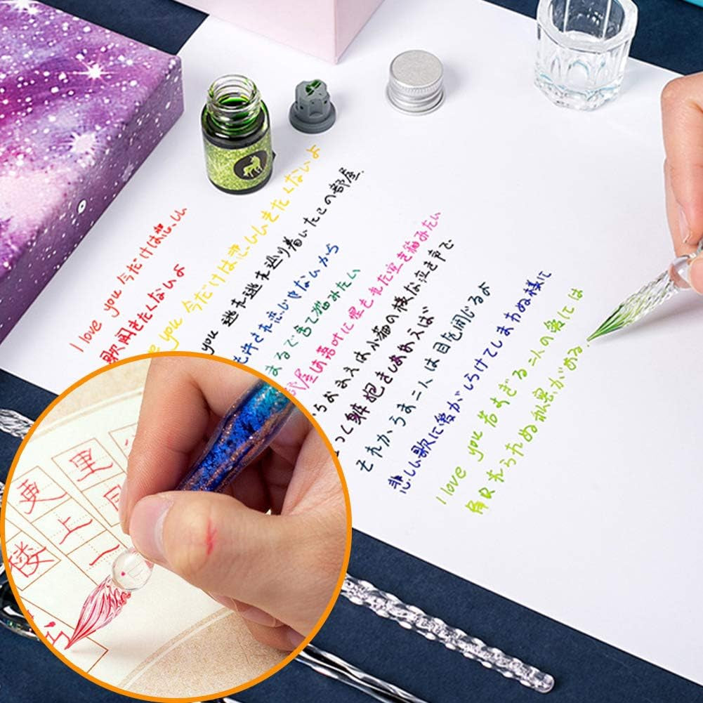 Glass Dip Calligraphy Pen Set, 18-Pieces 14 Color Inks, Pen Holder, Cleaning Cup, 2 Crystal Glass Pens for Art, Writing, Drawing, Signatures, Gift for Kids and Artist