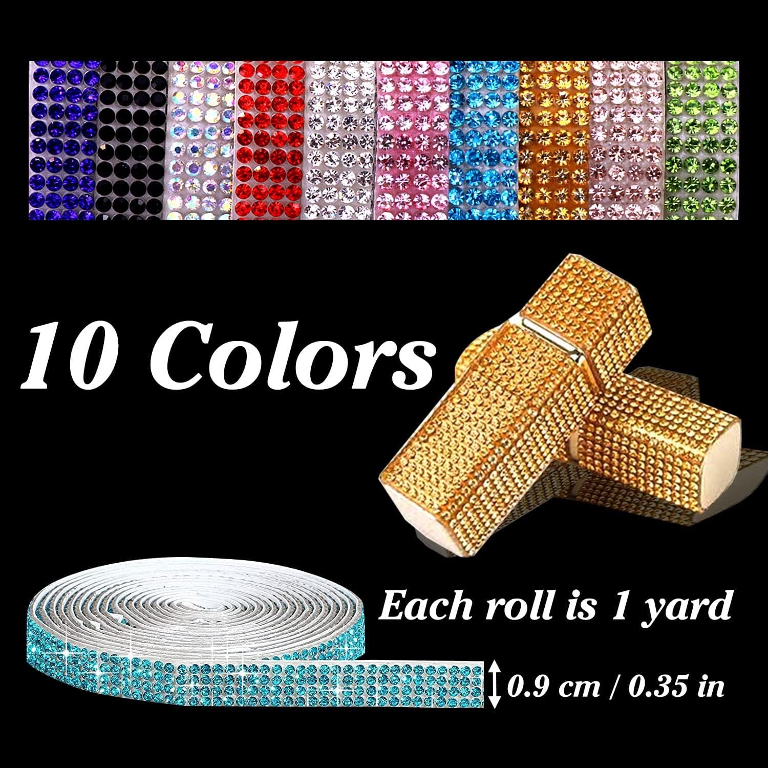 10 Rolls Self Adhesive Rhinestone Ribbon Crystal Diamond Sticker Bling Ribbon DIY Decoration with 2 Mm Rhinestones for DIY Arts Crafts,Wedding Party Decor,Car Phone Decoration.(Each Roll 1 Yard)