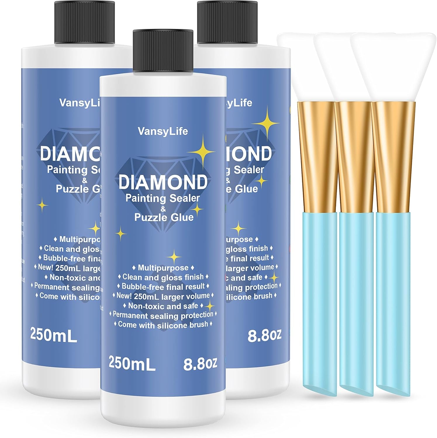 Updated Diamond Painting Sealer 250ML with Silicone Brush, 5D Diamond Painting Glue Accessories Permanent Hold & Shine Effect for Diamond Painting and Jigsaw Puzzles (8.8 OZ)