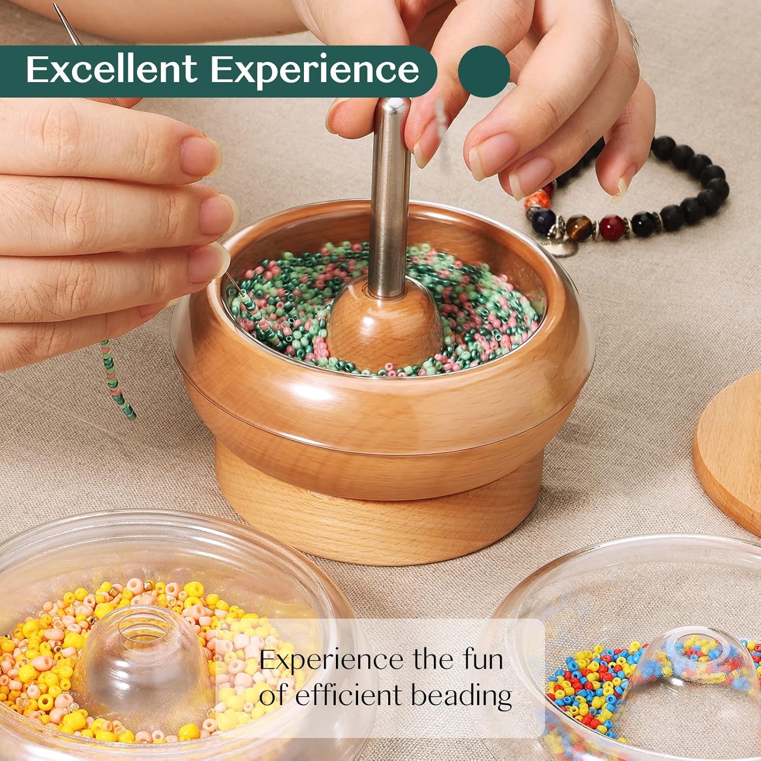 Bead Spinner Kit with 5 Quick Changed Bowls, 4.4" Clay Bead Spinner with 15,000 Beads (15 Colors) and 2 Big Eye Needles, Beading Supplies for Jewelry Making