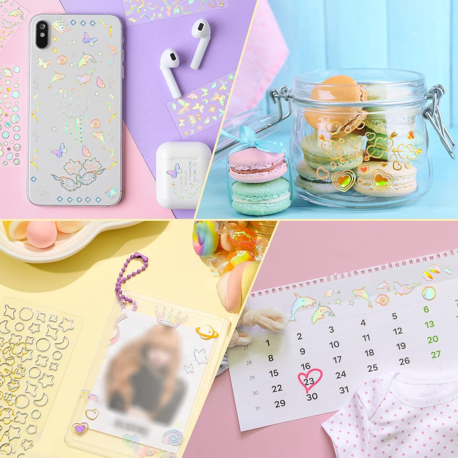 18 Sheets Scrapbook Kpop Stickers Adhesive Decor Shinny Korean Stickers for Photocards Butterfly Star Moon Waterproof Cute Stickers for Scrapbooking Planner Diary Decoration (Gold, Silver, Heart)