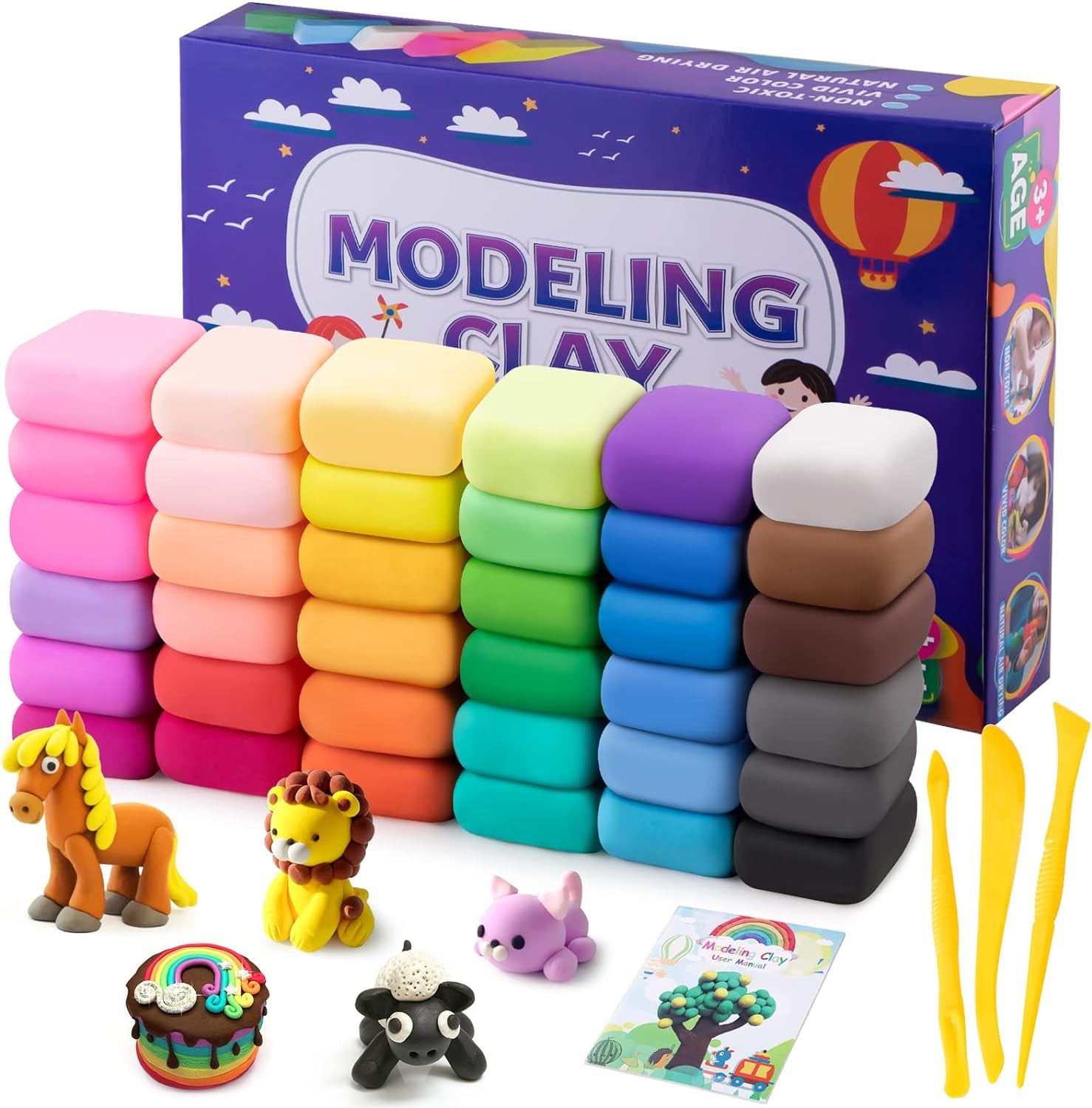 Air Dry Clay, 24 Colors Modeling Clay Kit with 3 Sculpting Tools, Magic Foam Clay for Kids and Adults, DIY Molding Clay Gift for Boys and Girls