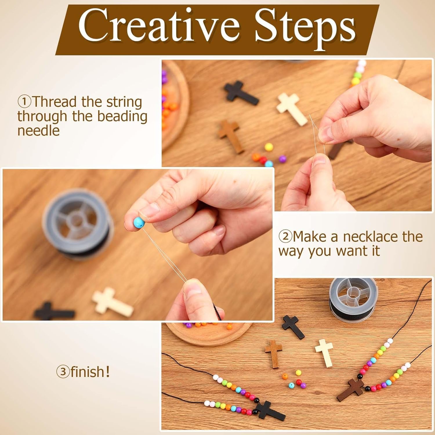 48 Sets DIY Religious Crafts Wood Cross on Cord Wood Cross Pendant Necklace Bracelet with Colorful Assorted Beads Wooden Crosses Crafts