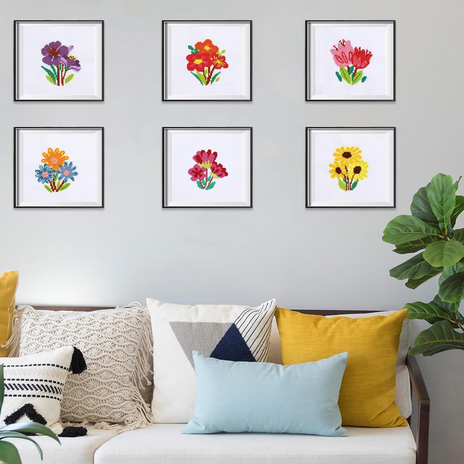 6PCS Cross Stitch Kits for Beginners DIY Embroidery Kit for Kids Adults Birthday Back to School Gift Spring Summer Flower Needlepoint Patterns with 2 Embroidery Hoops Craft Supplies