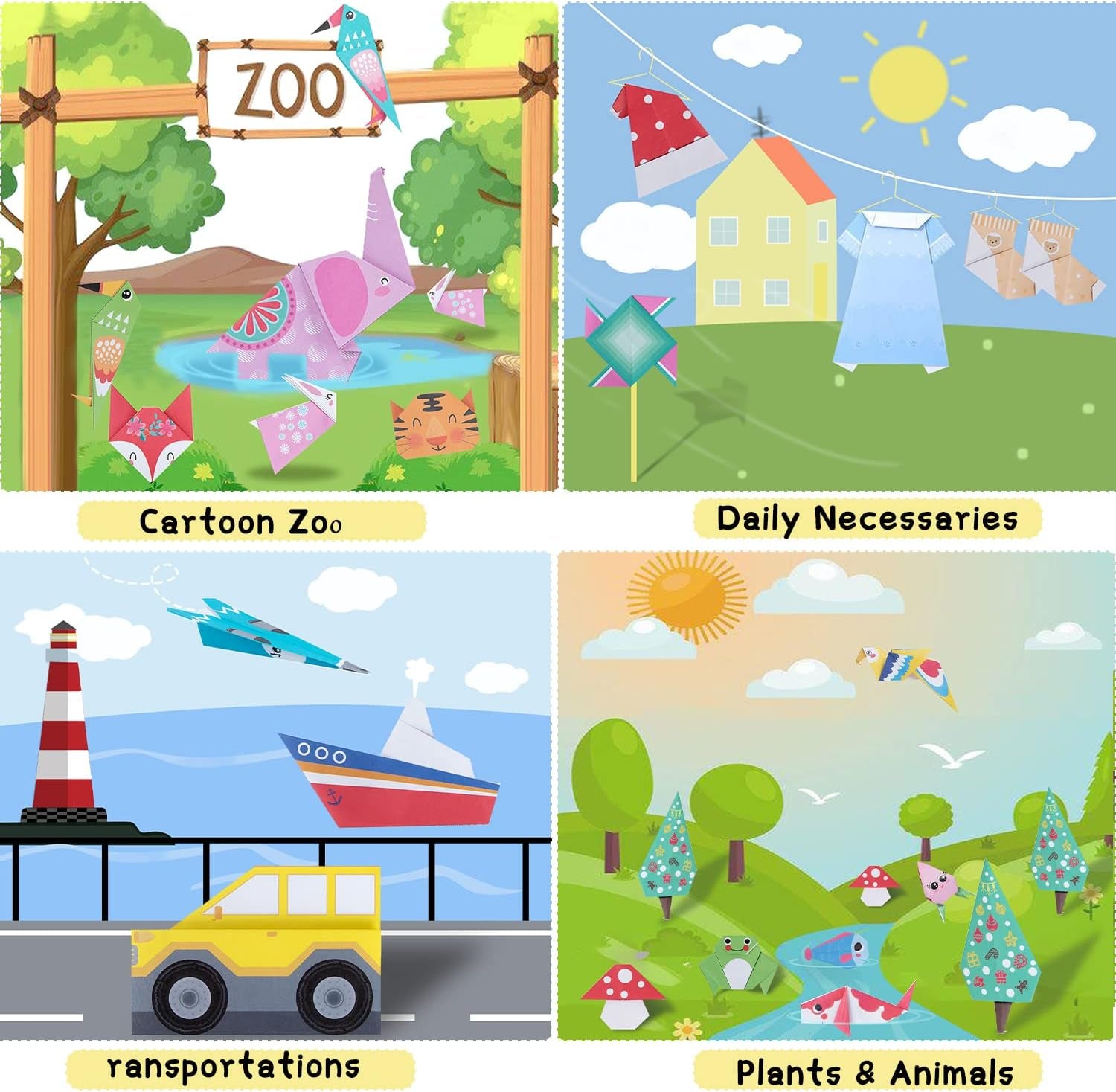 Origami Paper for Kids Crafts, 350 PCS Origami Paper Kit, Vivid 200 Cartoon Origami Objects+100 Solid Color Papers+50 Traditional Japanese Patterns with Instructions, Origami for Kids Adults Beginners