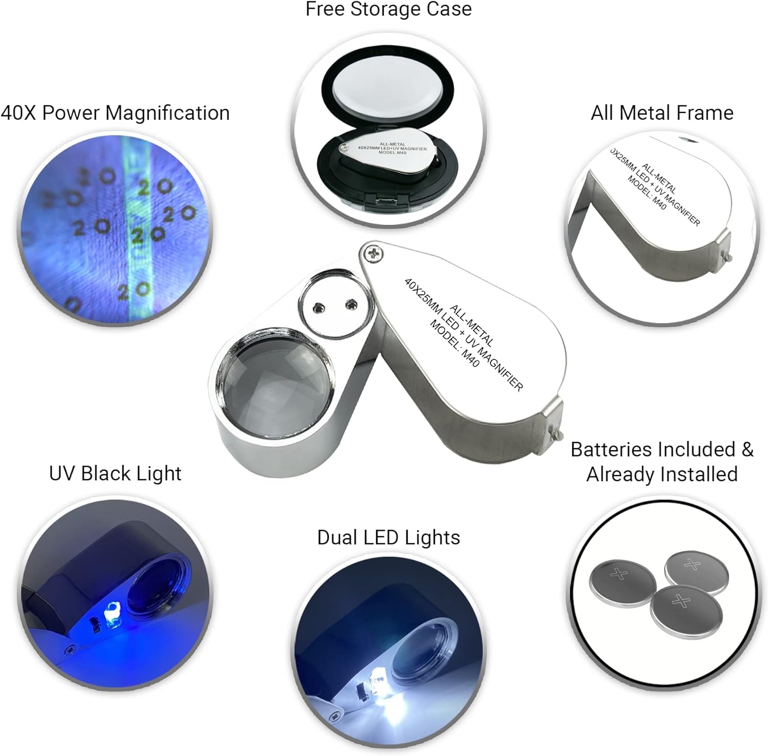 40X Jewelers Loupe with Light, UV Lighted Magnifying Glass Eye Loop, LED Illuminated Metal Pocket Magnifier for Jewelry, Currency, Plants, Coins, Diamonds, Stamps