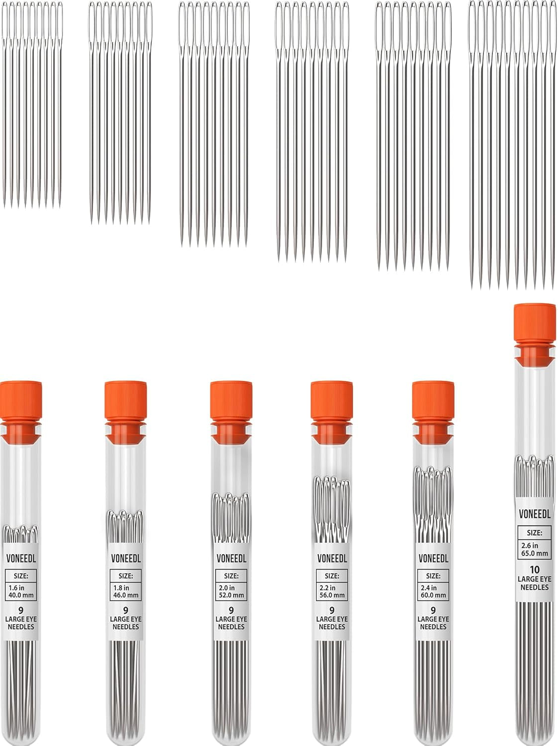55 PCS Large Eye Sharp Needles - Easy to Thread Big Eye Sewing Needles, Embroidery Needles (6 Sizes)