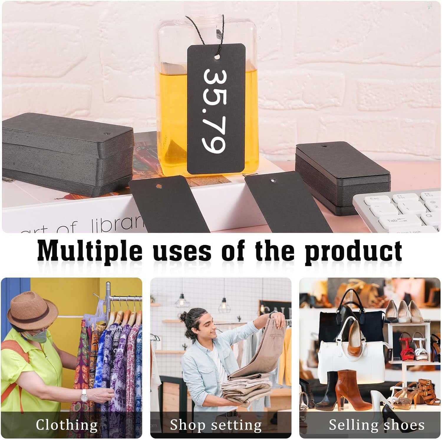 300 Set Black Price Tags with String Gift Tags with Safety Pins Custom Clothing Tags Black Paper Hang Tags String Product Tags for Clothes Crafts Display