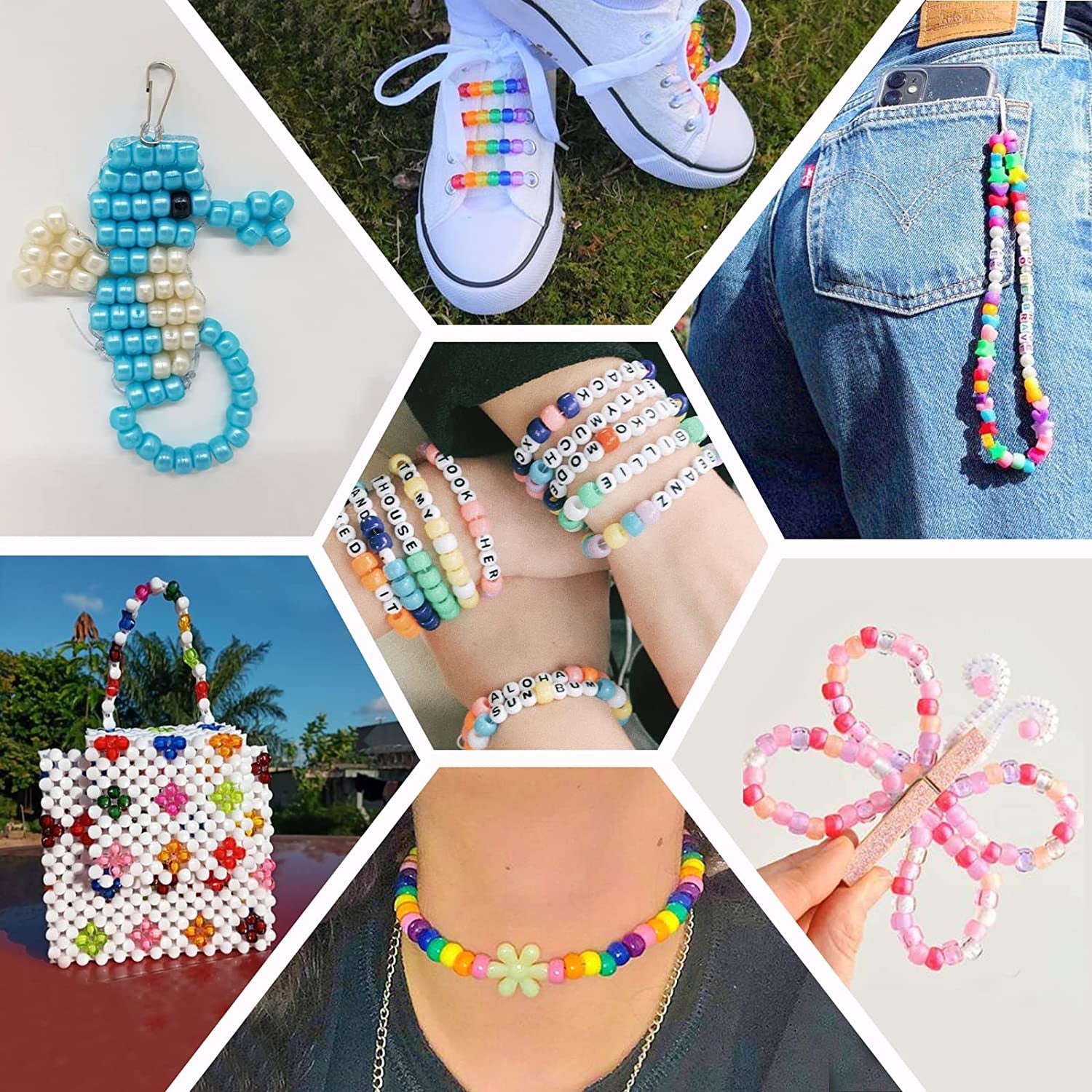 4000Pcs Pony Beads Kit, 2400Pcs Rainbow Kandi Beads and 1600Pcs Letter Beads, 24 Colors Plastic Craft Beads Bulk for Bracelets Jewelry Making with 20M Crystal String and 30M Elastic String