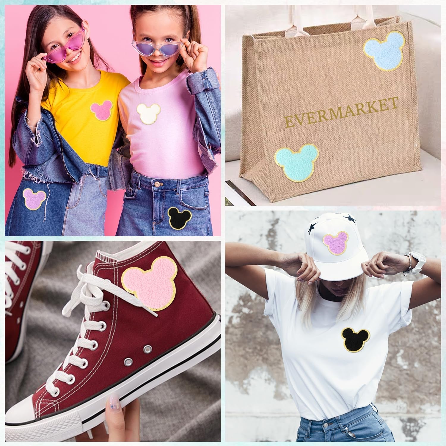 14 Pcs Chenille Mouse Patches,  Iron on Mouse Head Patches Cute Chenille Embroidered Applique Patch for Clothing Sew on Glitter Gold Trimmed Mouse Decorative Patch for DIY Decors