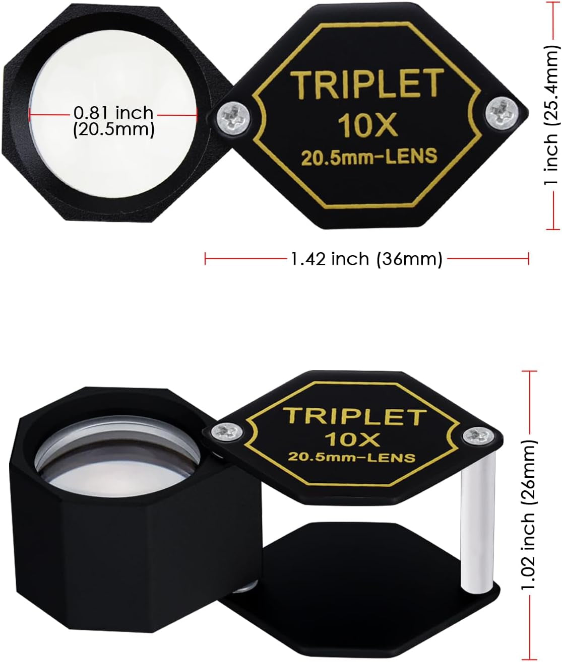 10X Magnifier Jewelry Loupe 20.5Mm Triplet Lens Optical Glass Pocket Gem Magnifying Tool for Jeweler, Stamp Philatelist, Coin Numismatic, Achromatic Black Hexagonal Design Kit Set