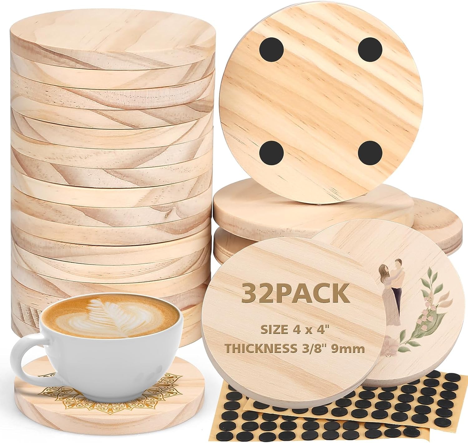 32Pcs Unfinished Wood Coasters, 4" round Wooden Coasters with Non-Slip Dot Sticker for Drinks, 9Mm Thick Blank Wood Coasters Bulk for DIY Crafts Supplies Adults Beginners