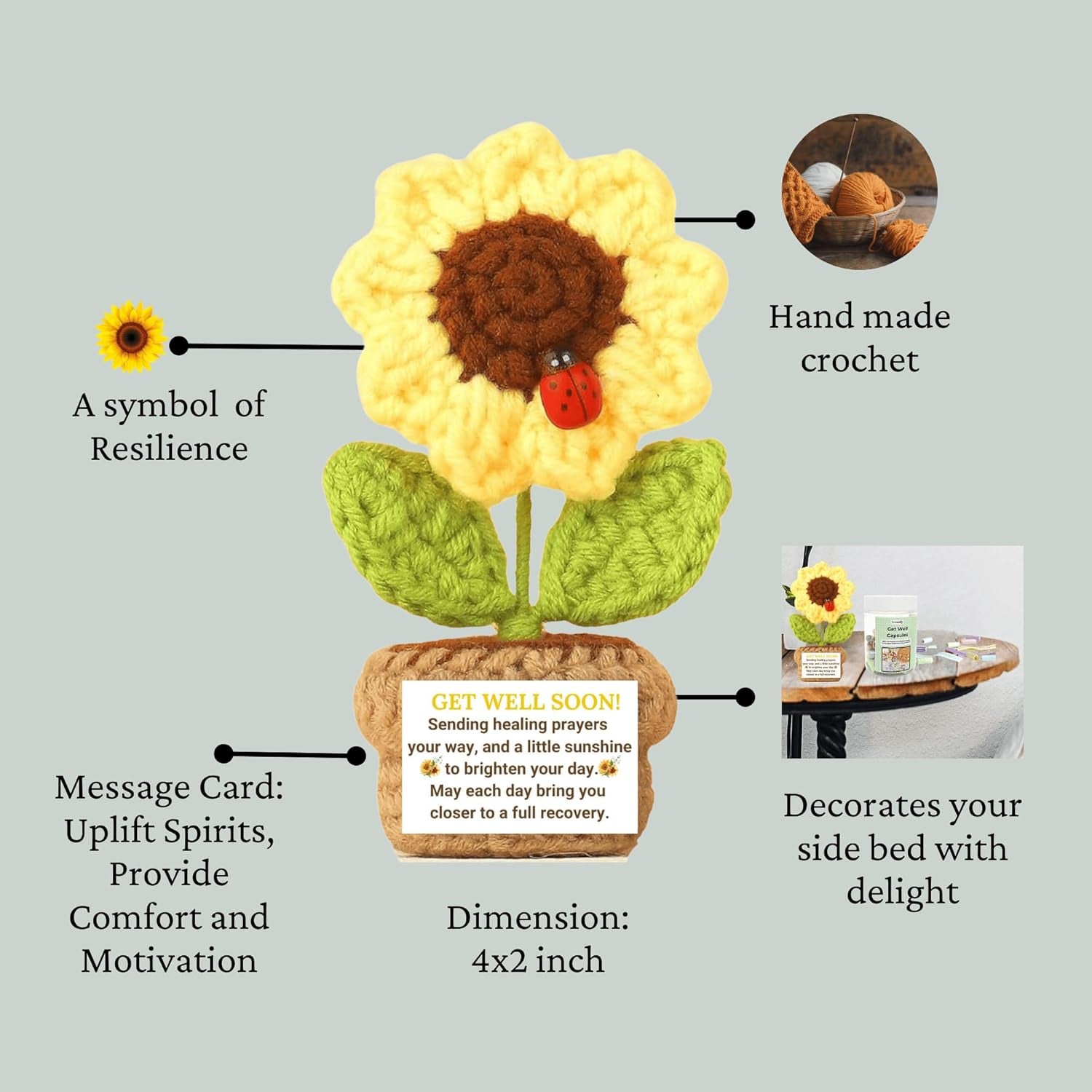 Get Well Soon Gifts - Positive Message Bottle and Knitted Positive Sunflower Crochet with Card Get Well Gifts for Women Men Patients after Surgery Cancer Chemo Sick Recovery Gifts Emotional Support