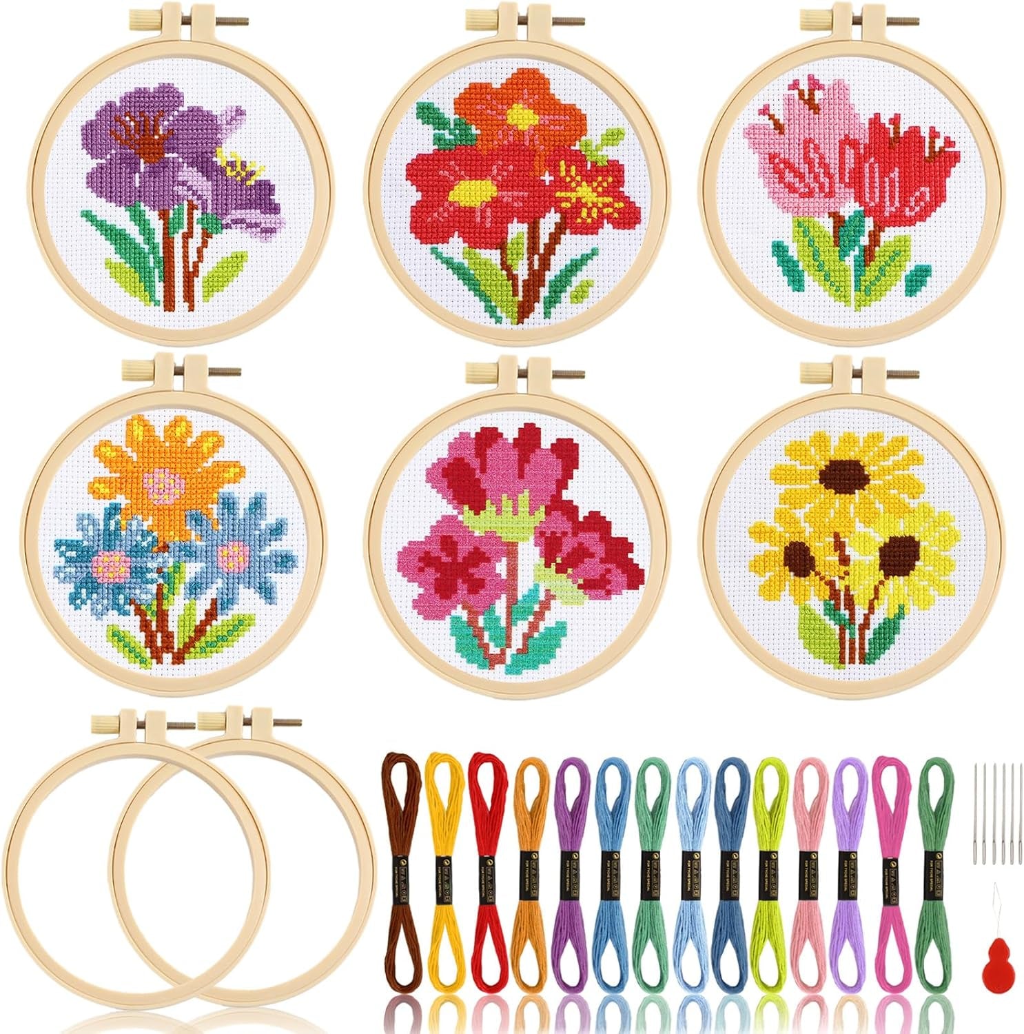 6PCS Cross Stitch Kits for Beginners DIY Embroidery Kit for Kids Adults Birthday Back to School Gift Spring Summer Flower Needlepoint Patterns with 2 Embroidery Hoops Craft Supplies