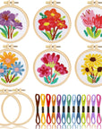 6PCS Cross Stitch Kits for Beginners DIY Embroidery Kit for Kids Adults Birthday Back to School Gift Spring Summer Flower Needlepoint Patterns with 2 Embroidery Hoops Craft Supplies