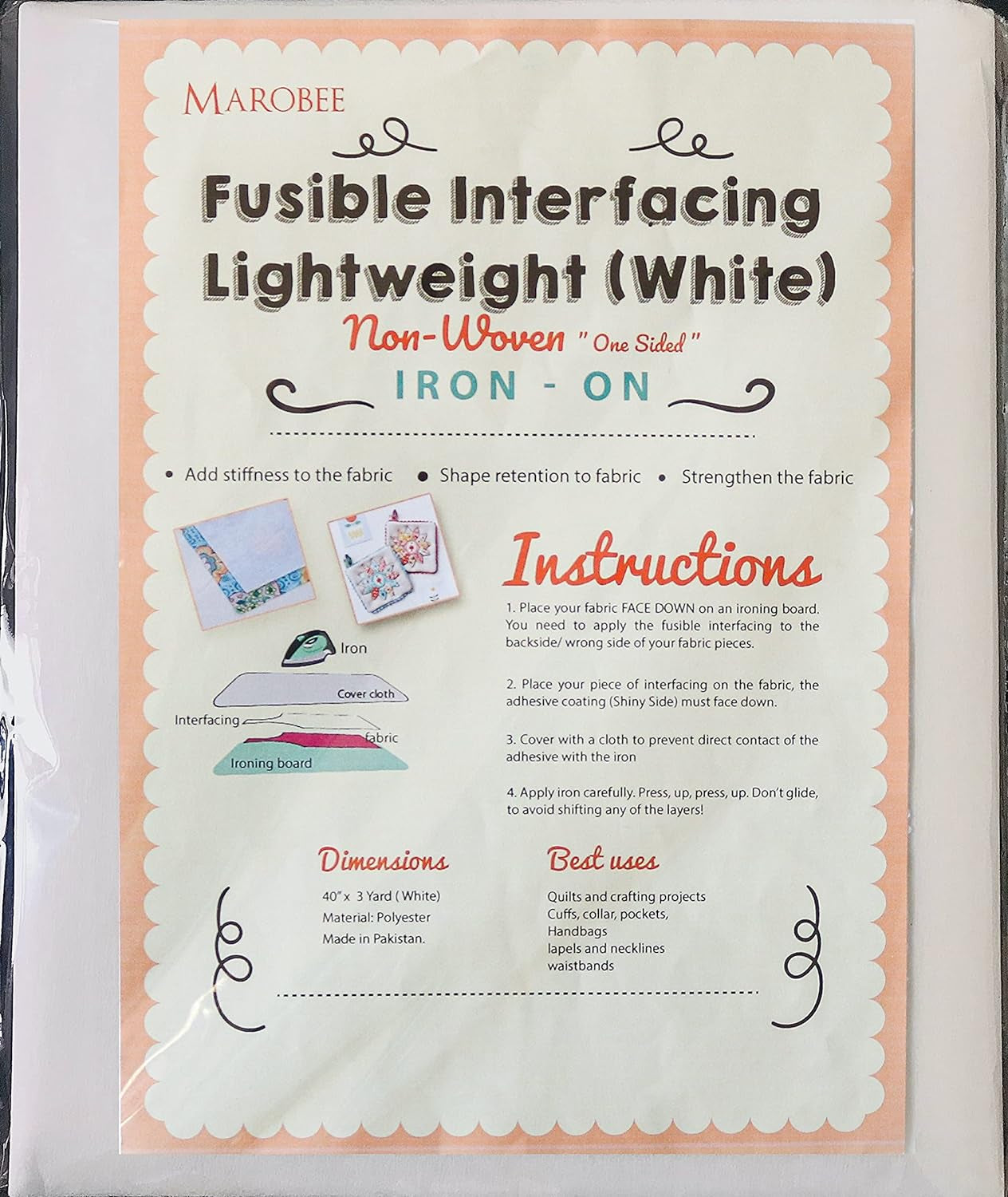 White Fusible Interfacing Lightweight Non-Woven for Sewing and Quilting Projects, Ultra Adhesive Bond Iron-On One Sided - Apparels and Face Masks, DIY Crafts (40 Inch X 3 Yard)