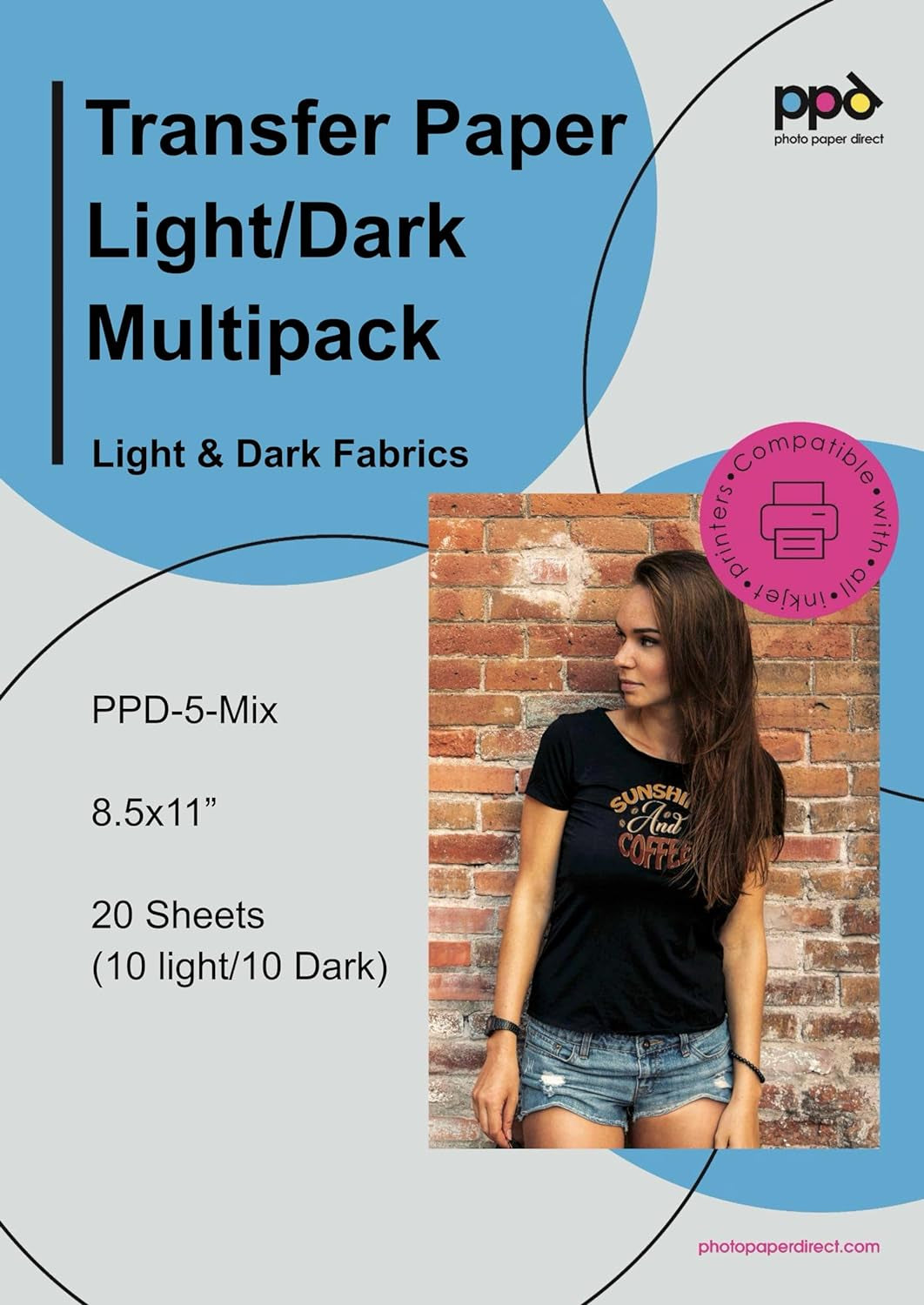 Inkjet Heat Transfer Paper for T-Shirts 20 Sheet Pack Mixed Light & Dark Letter 8.5X11" - (-5-MIX-20)