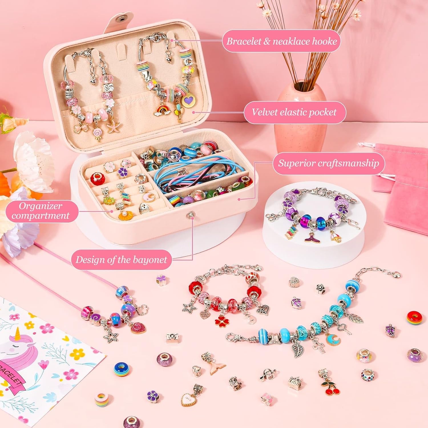 150Pcs Charm Bracelet Making Kit with Jewelry Box Girls Beads for Jewelry Making Kit with DIY Crafts Gift for Girls Bracelet Teen Women Birthday Valentine Gifts Christmas