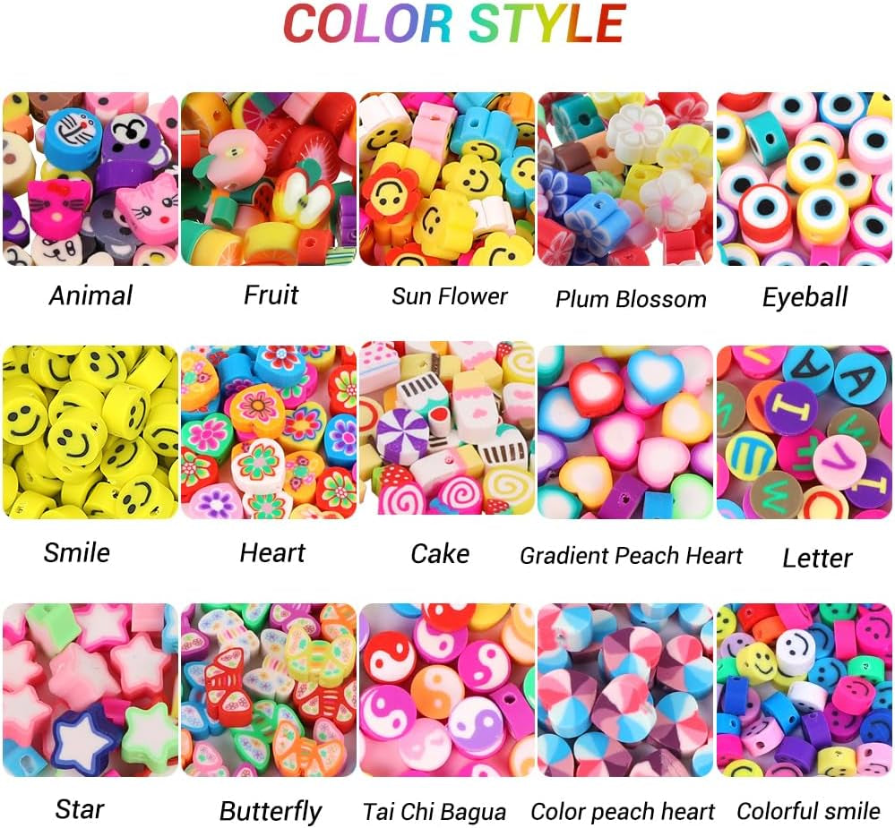 300PCS Clay Beads Charms,Fruit Flower Letter Beads Soft Beads for Women Girls Bracelet Making DIY Bracelet Necklace Earring Accessories with 4M Crystal Elastic String