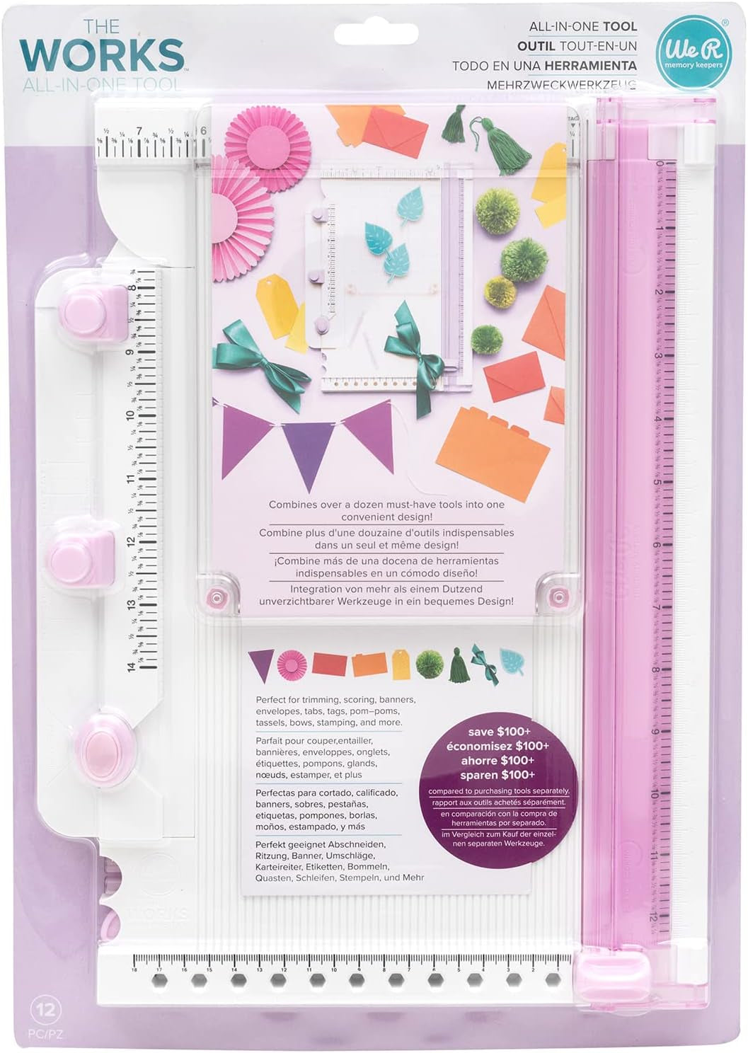 , All in One Scrapbooking Tool, Lilac, Includes Trimmer, Scoring, Bone Folder, Banner Maker, Tag Maker, Enveloper Maker, Scoring Board, Tab Maker, Corner Rounder, Hole Punch