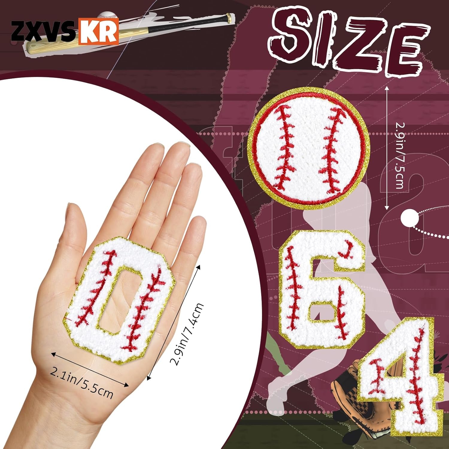 33Pcs Baseball Themed Chenille Number Patch, 2.95 Inch Gold Edges Iron on Baseball Patches for Bags Hat DIY Clothing Repair (Baseball)