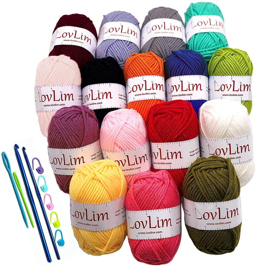 Crochet Yarn Kit, 16 Soft Cotton Yarn Skeins,1000+ Yards, for Crochet and Knitting, Free Crochet/Amigurumi Patterns, Craft DK Yarn Perfect Starter Kit