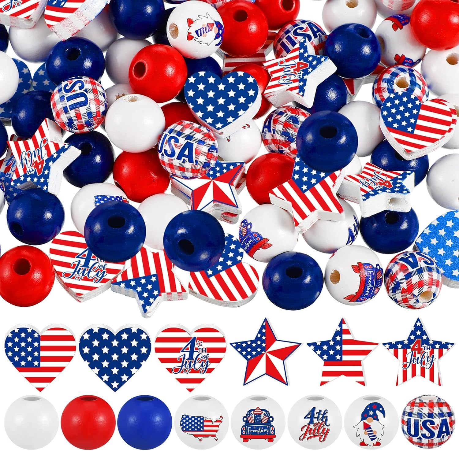200 Pcs 4Th of July Wood Beads Patriotic Independence Day Wooden Beads America Flag Star Heart round Blue Red Beads Us Memorial Day Beads for DIY Jewelry Garland Necklaces Tiered Tray Decor